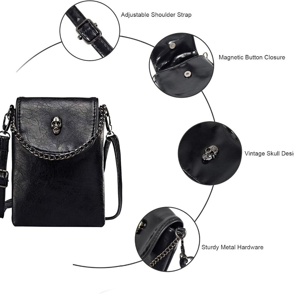 Small Crossbody Cell Phone Purse Gothic Leather Bag Shoulder Travel Purse - Picture 5 of 9